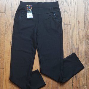 NWT W & J Fashion Womens Black Stretchy Ankle Pants Faux Diamond rhinestones Med